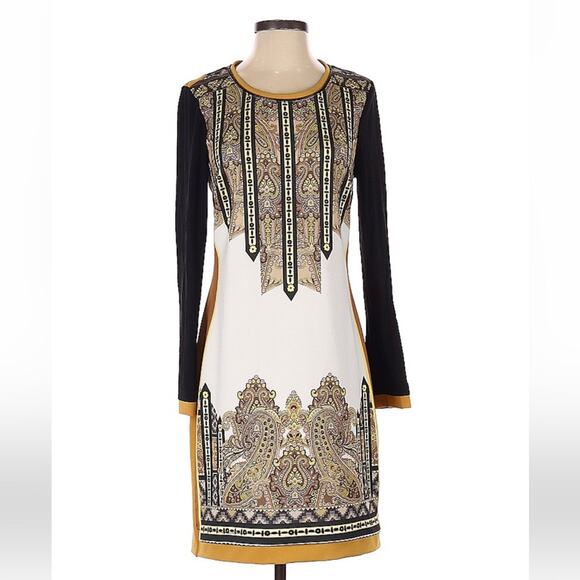 Bocetto long sleeved wiggle sheath dress in mustard, white and black, small - Picture 1 of 12